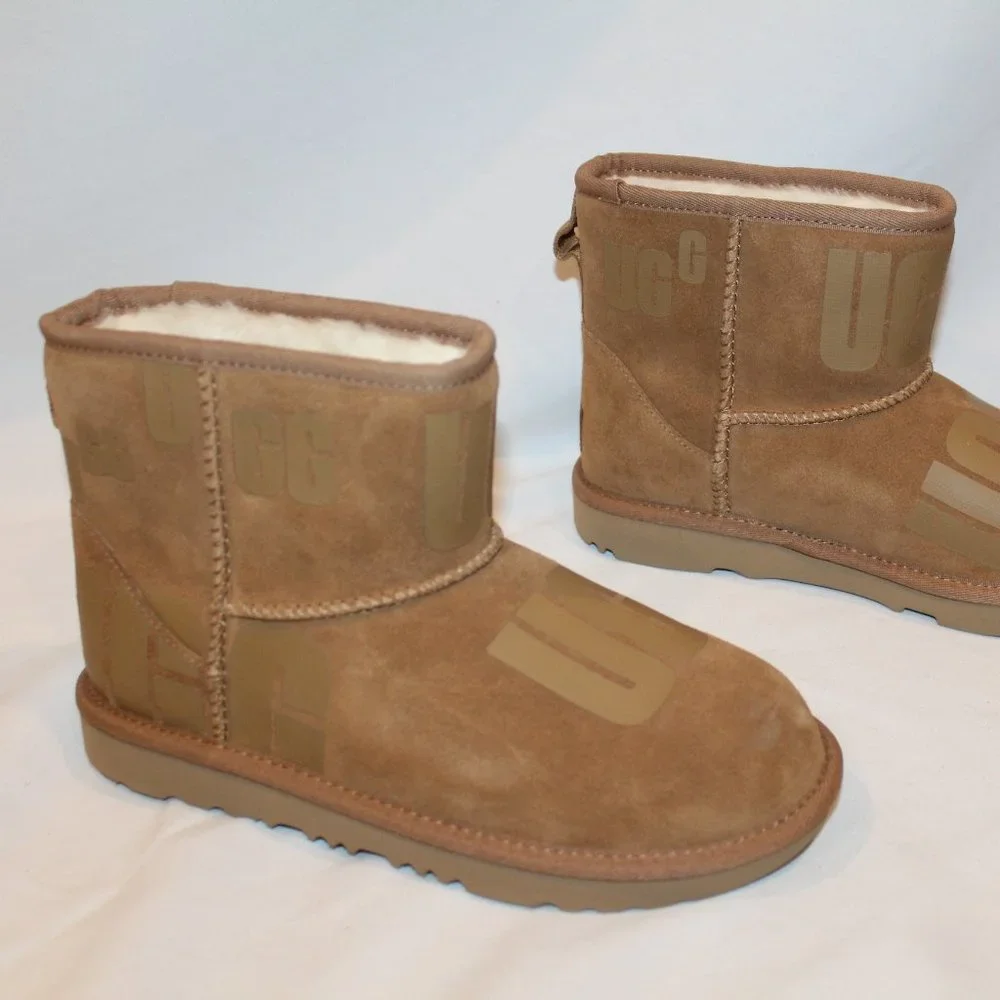 NIB UGG‎ LOGO MINI SUEDE SHEARLING LINED YOUTH GIRL'S BOOTS CHESTNUT